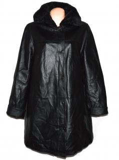 KOŽENÝ dámský černý měkký zateplený kabát s kožíškem XXL