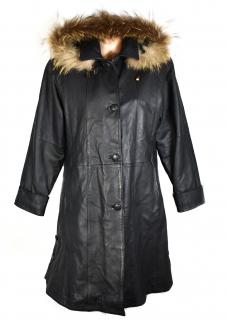 KOŽENÝ dámský černý měkký zimní kabát s kapucí, pravým kožíškem Paris L/XL