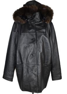 KOŽENÝ dámský černý měkký zimní kabát s kapucí s pravým kožíškem Strnad&Červinka 44