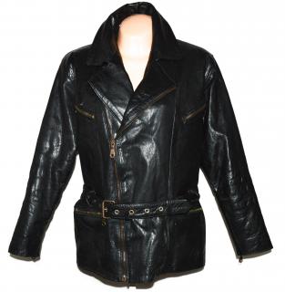 KOŽENÝ dámský černý zateplený kabát - křivák s páskem XL