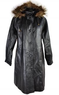 KOŽENÝ dámský černý zimní kabát s kapucí s pravou kožešinou a odnimatelnou zimní vložkou XL