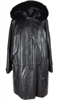 KOŽENÝ dámský dlouhý černý měkký kabát s kapucí s pravou kožešinou XXL