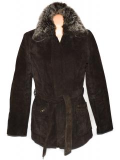 KOŽENÝ dámský hnědý broušený kabát s páskem a kožíškem PAPAYA M