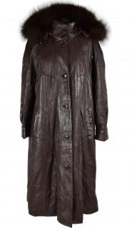 KOŽENÝ dámský hnědý dlouhý kabát s kapucí s pravou kožešinou Cero 50