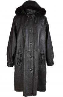 KOŽENÝ dámský hnědý dlouhý kabát s kapucí s pravou kožešinou Roy/Rene 46