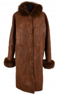 KOŽENÝ dámský hnědý dlouhý zimní kabát s pravou kožešinou XXL