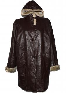 KOŽENÝ dámský hnědý kabát s kapucí a kožíškem XXL