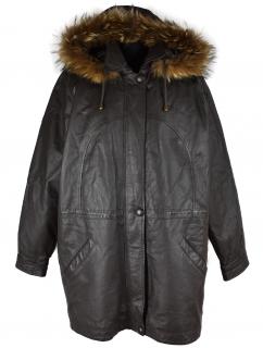 KOŽENÝ dámský hnědý měkký kabát s kapucí s pravou kožešinou, odnimatelnou zimní vložkou Paris XXL