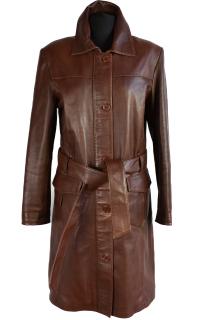 KOŽENÝ dámský hnědý měkký kabát s páskem 44