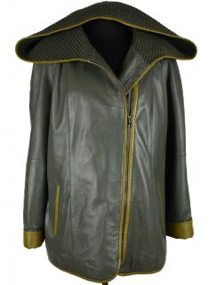 KOŽENÝ dámský khaki zelený měkký kabát s kapucí Fergucci XL