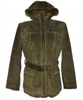 KOŽENÝ dámský khaki zelený semišový zateplený kabát s páskem a kapucí Authentic 40
