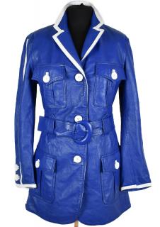 KOŽENÝ dámský modrý kabát s páskem Eva Popovič M