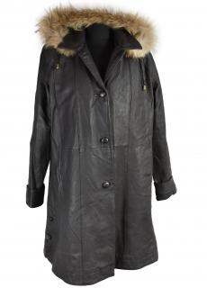KOŽENÝ dámský zimní hnědý kabát s kapucí s pravou kožešinou a odnimatelnou zimní vložkou XL