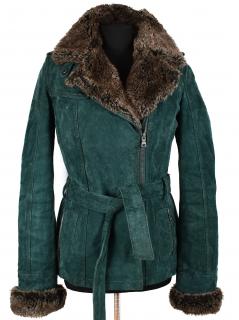 KOŽENÝ dámský zimní zelený kabát s páskem C&A 38