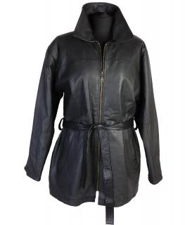 Kožený dámský černý měkký kabát na zip a s páskem XL*