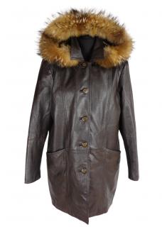 Kožený dámský čokoládový kabát s kapucí a pravou kožešinou  L*