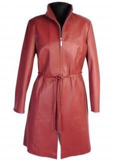 Kožený dámský vínový kabát na zip a s páskem M*