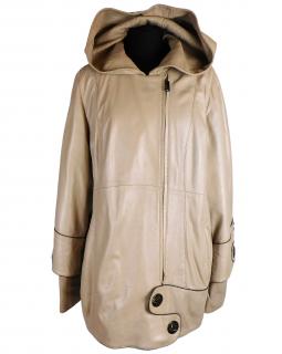 Kožený měkký dámský béžový kabát  s kapucí PONTOMK L*