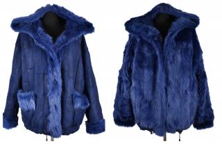 Oboustranná kožená dámská modrá měkká bunda s kapucí s pravou kožešinou Hlinsko v Čechách XL