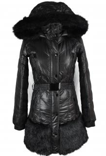 Péřový dámský černý prošívaný kabát s kožešinou Topshop 34