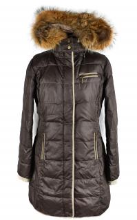 Péřový dámský hnědý kabát s kapucí s pravou kožešinou  White Label 12/38