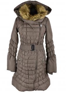 Péřový dámský hnědý prošívaný kabát s páskem a kapucí Sublevel S
