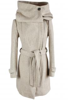 Vlněný (50%) dámský béžový kabát s páskem ZARA S/M