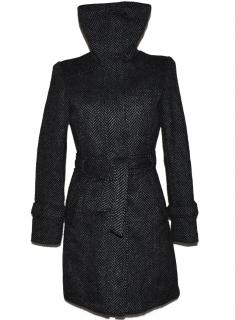 Vlněný (50%) dámský šedočerný melírovaný kabát s páskem S