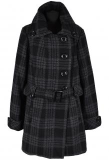 Vlněný (54%) dámský šedočerný kostkovaný kabát s páskem New Look XXL
