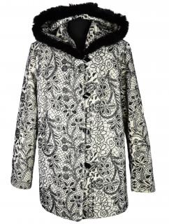 Vlněný (60%) dámský černobílý kabát s kapucí s pravou kožešinou Alberto Toscani XXL