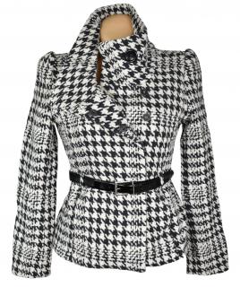 Vlněný (60%) dámský černobílý kabát s páskem - kohoutí stopa H&M 38