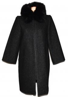 Vlněný (68%) dámský šedočerný kabát s kožíškem ZARA M