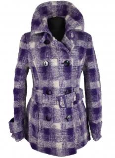 Vlněný (75%) dámský fialový kostkovaný kabát s páskem Bexleys 40