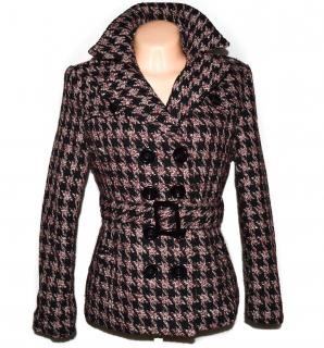 Vlněný (80%) dámský černo-vínový kabát s páskem - kohoutí stopa Minikoko M/L