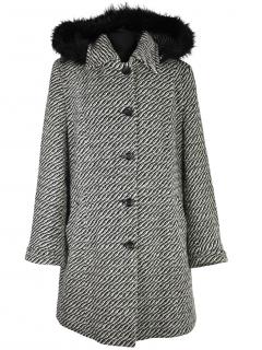 Vlněný (80%) dámský černobílý kabát s kapucí ODEMA XXL