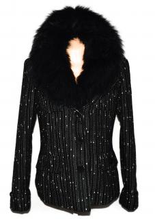 Vlněný (80%) dámský černobílý pruhovaný zateplený kabát s kožíškem 44
