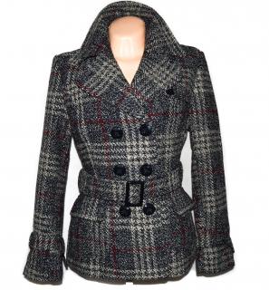 Vlněný (80%) dámský károvaný kabát s páskem L, XL