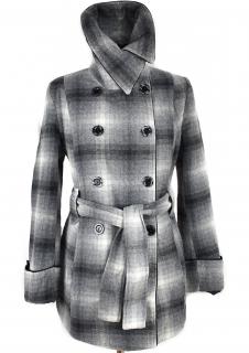 Vlněný (80%) dámský šedobílý kabát s páskem Kaprost S/M
