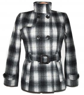 Vlněný (80%) dámský šedobílý zateplený kabát s páskem L