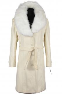 Vlněný (80%) dámský smetanový kabát s páskem a kožešinou XL - s cedulkou