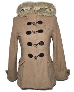 Vlněný dámský béžový kabát s kapucí S