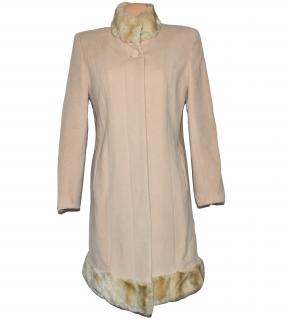 Vlněný dámský béžový kabát s kožíškem (vlna, kašmír) L