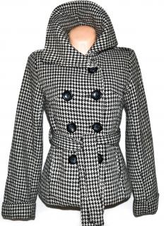 Vlněný dámský černobílý kabát s páskem - kohoutí stopa Evie M