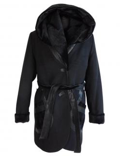 Vlněný dámský černý kabát s kapucí PIQRO   L*
