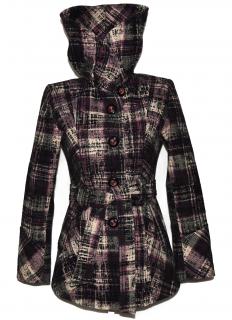 Vlněný dámský fialový vzorovaný zateplený kabát s páskem 36
