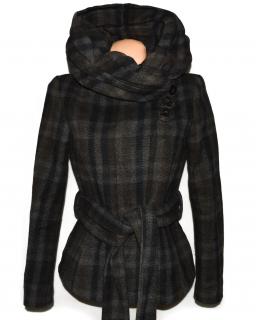Vlněný dámský hnědo-černo-šedý kabát s páskem a límcem ZARA S