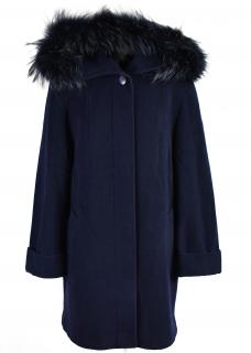 Vlněný dámský modrý kabát s kapucí s pravou kožešinou (vlna, kašmír) XXL