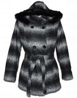 Vlněný dámský pruhovaný kabát s páskem a kapucí XL