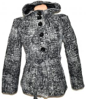 Vlněný dámský šedočerný kabát s páskem a kapucí S, M/L