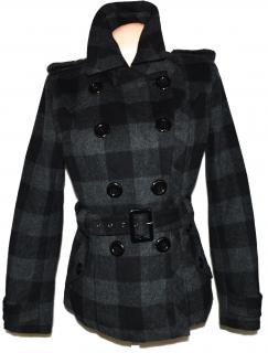 Vlněný dámský šedočerný kostkovaný kabát s páskem C&A 38,42